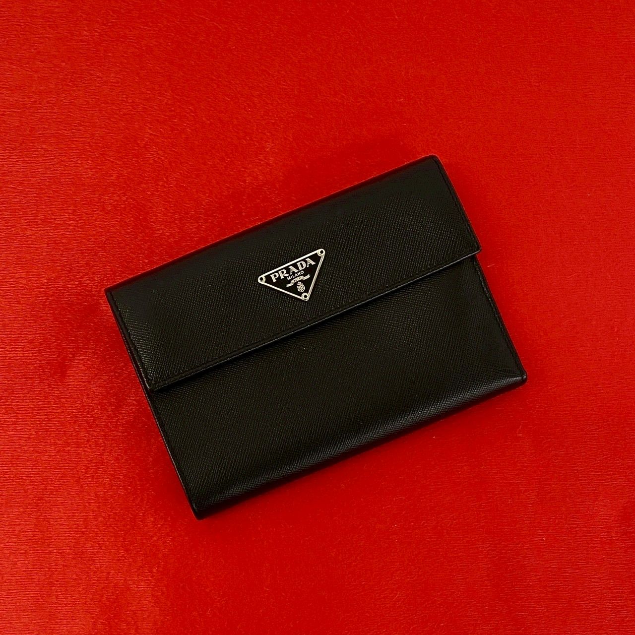 Prada Triangle Logo Saffiano Leather Trifold Wallet Bill Purse Coin Black