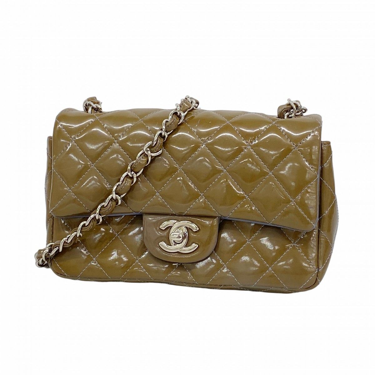 Chanel Shoulder Bag Mini Quilted Patent Leather Khaki Silver