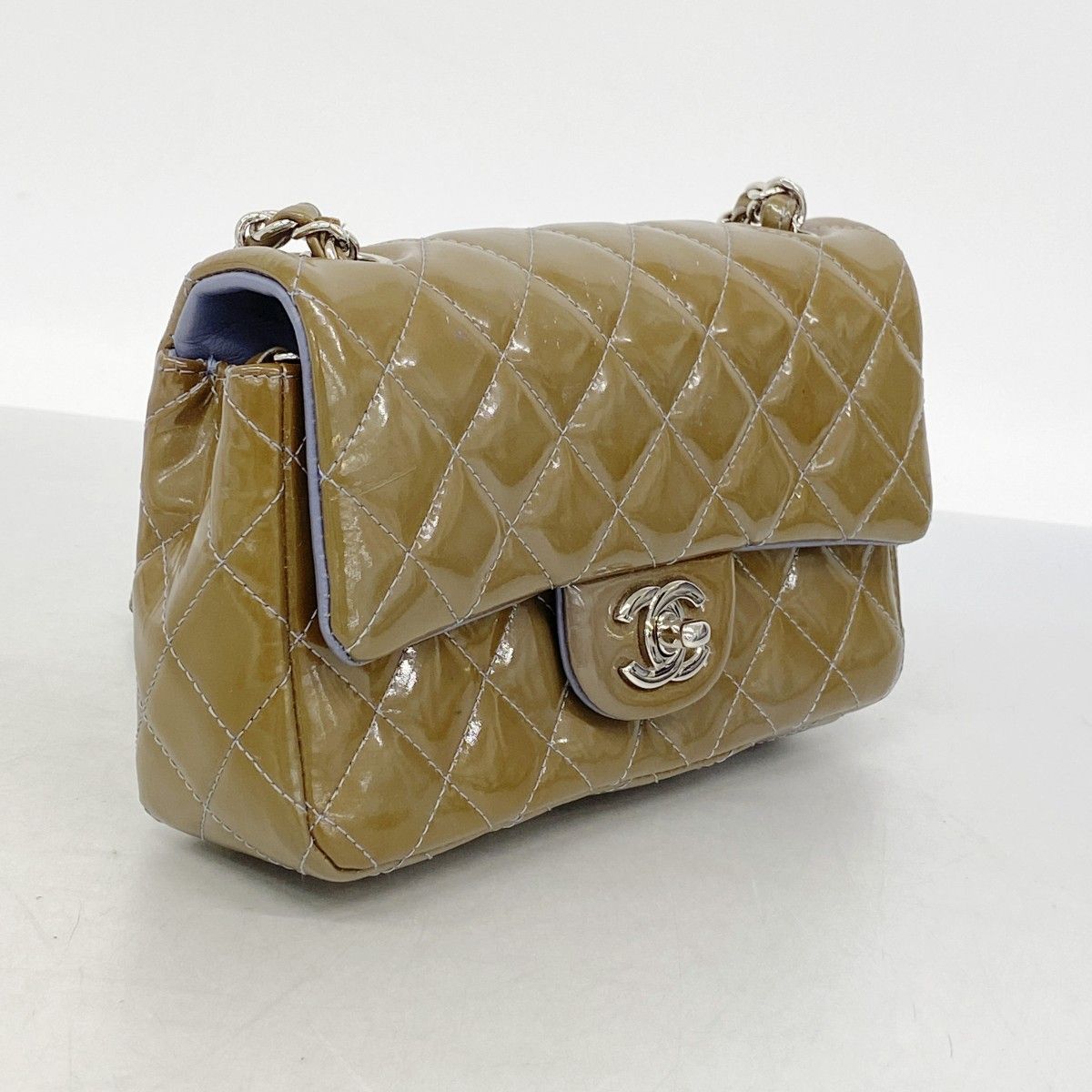 Chanel Shoulder Bag Mini Quilted Patent Leather Khaki Silver — view 2