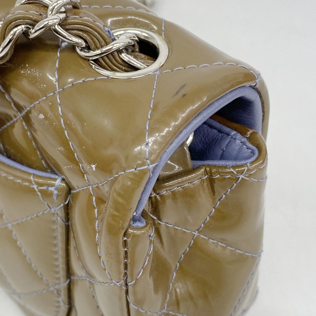 Chanel Shoulder Bag Mini Quilted Patent Leather Khaki Silver — view 8