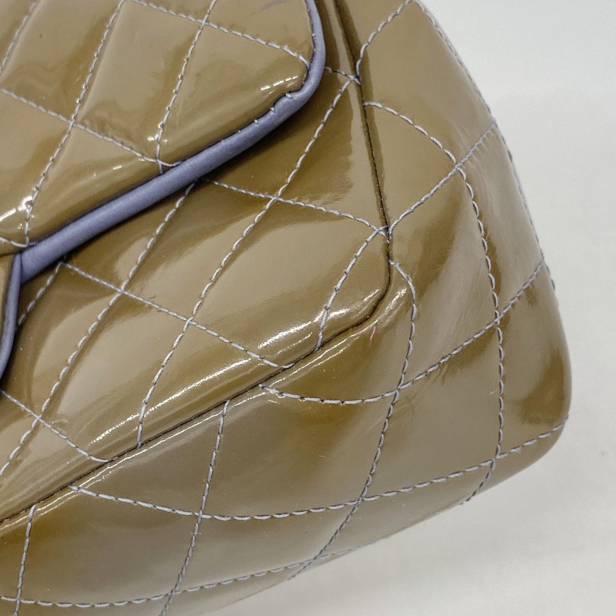 Chanel Shoulder Bag Mini Quilted Patent Leather Khaki Silver — view 9