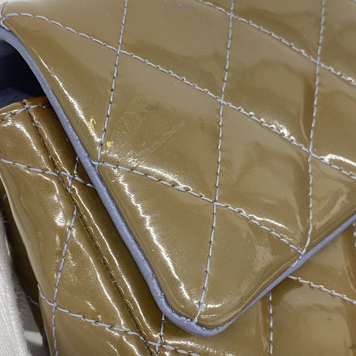 Chanel Shoulder Bag Mini Quilted Patent Leather Khaki Silver — view 7