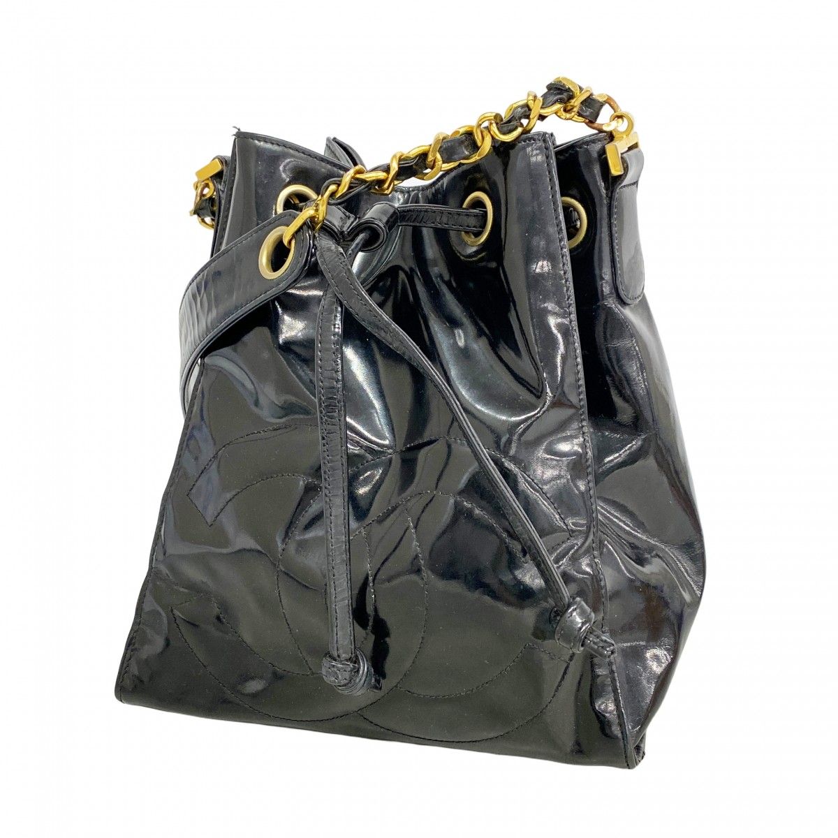 Chanel Shoulder Bag Patent Leather Black Gold