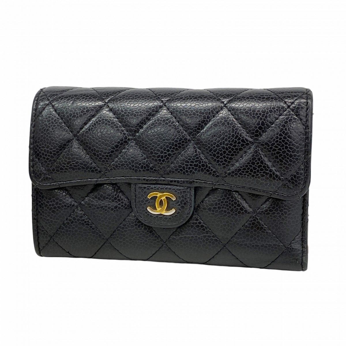 Chanel Trifold Wallet Quilted Caviar Leather Black Gold