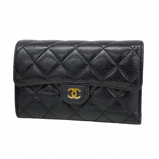 Chanel Trifold Wallet Quilted Caviar Leather Black Gold