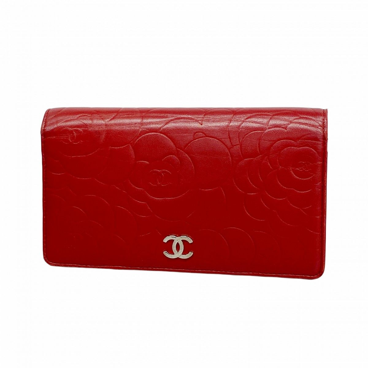 Chanel Wallet Camellia Lambskin Red Silver