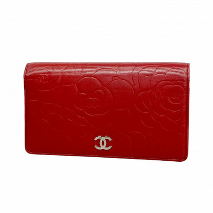 Chanel Wallet Camellia Lambskin Red Silver