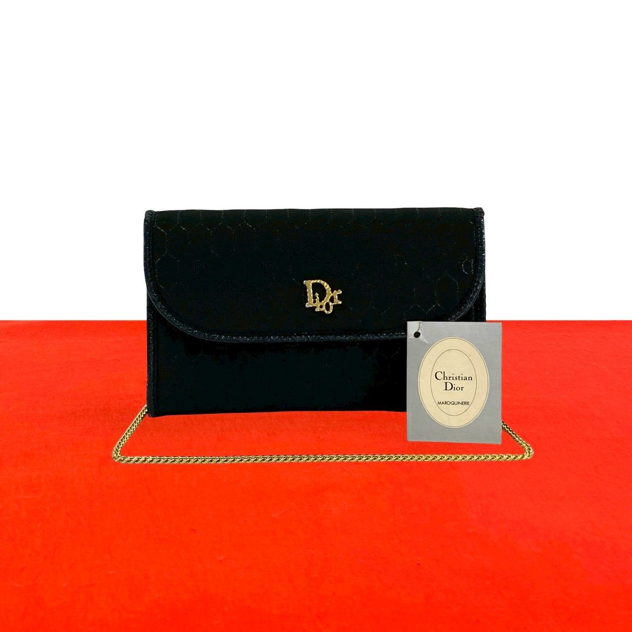 Dior Vintage Honeycomb Pattern Logo Nylon Leather Chain Shoulder Bag Black