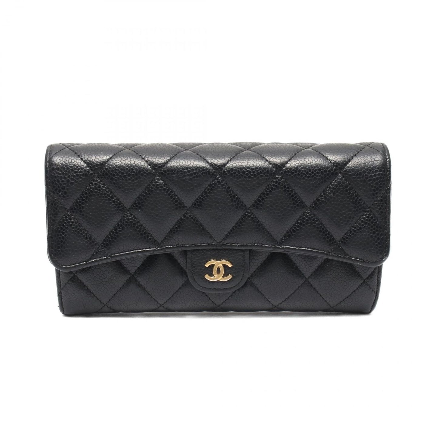 Chanel Bifold Wallet Quilted Black Caviar Leather Classic Long Flap