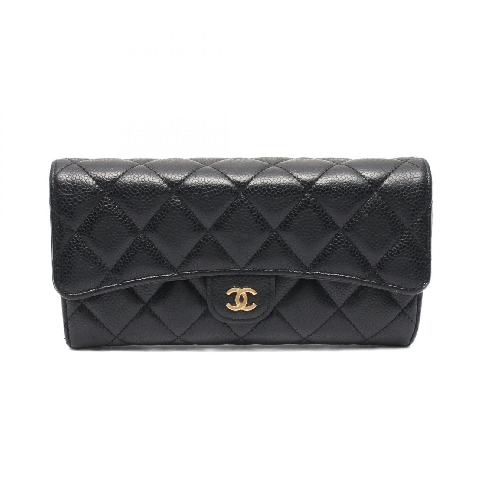 Chanel Bifold Wallet Quilted Black Caviar Leather Classic Long Flap