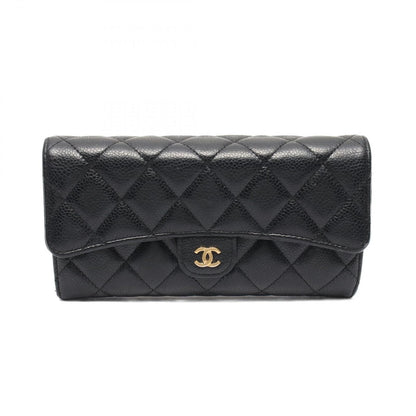 Chanel Bifold Wallet Quilted Black Caviar Leather Classic Long Flap