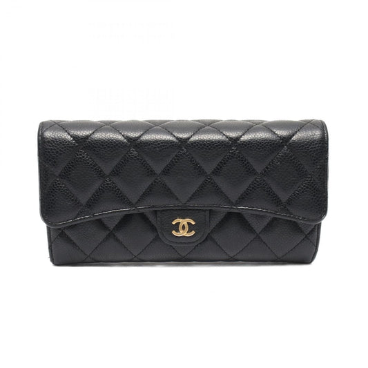 Chanel Bifold Wallet Quilted Black Caviar Leather Classic Long Flap