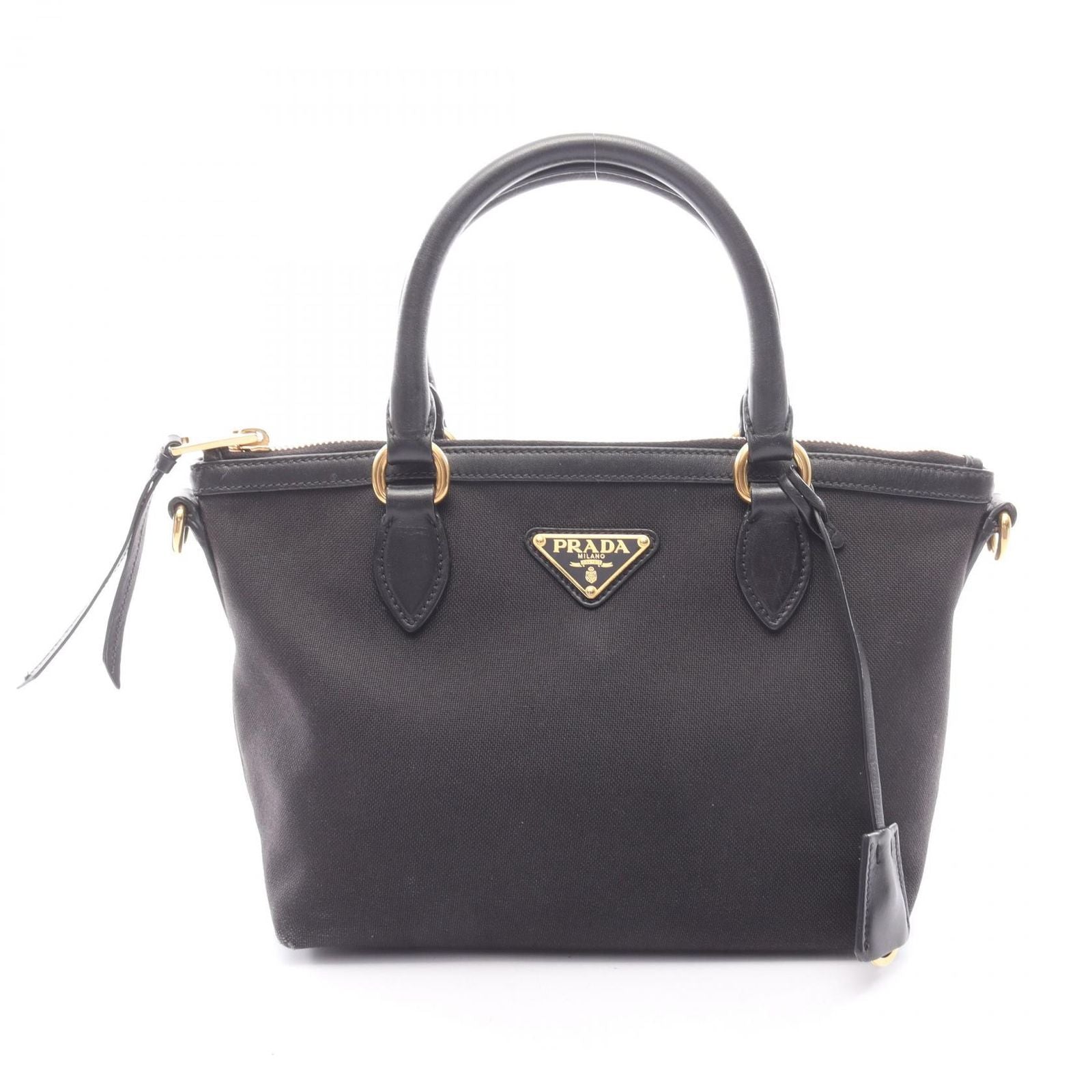 Prada Handbag Black Canvas Leather Triangle Logo 2-Way Shoulder