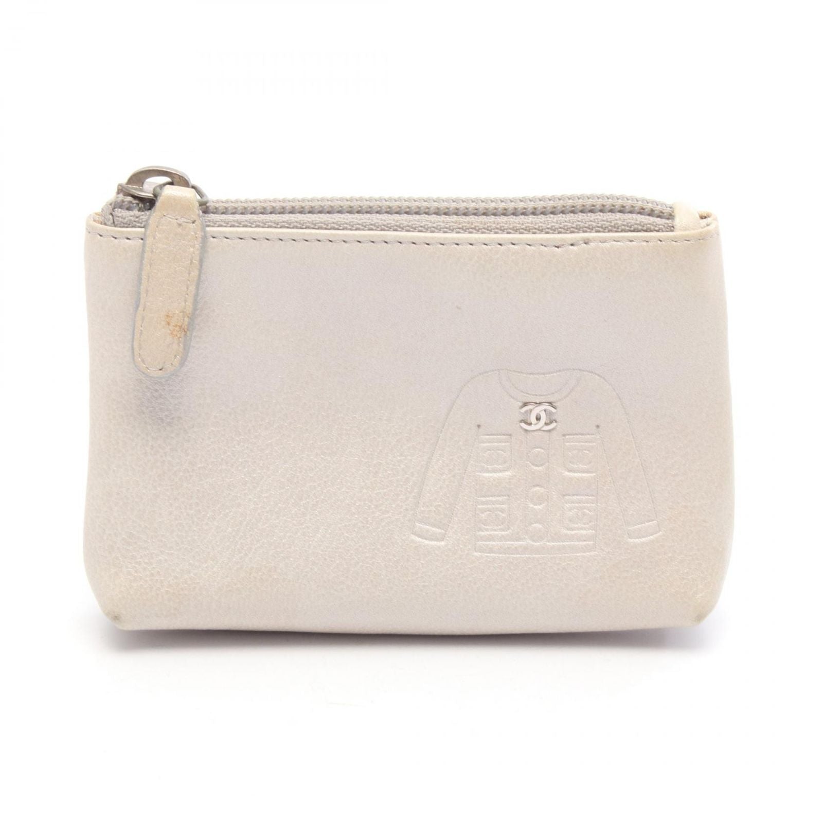 Chanel Coin Case CC Logo Key Ring Silver Leather Jacket Motif Key &