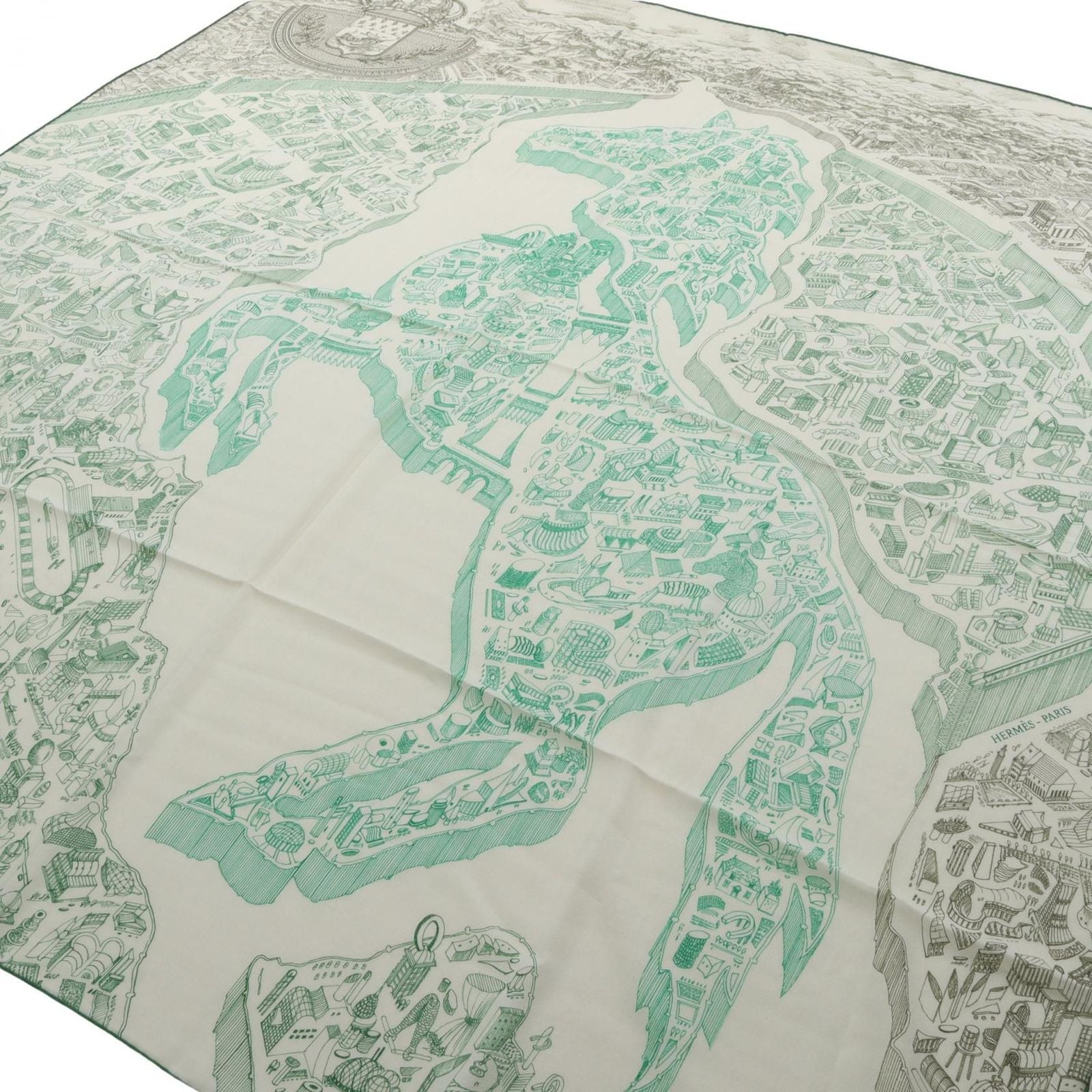 Hermes Scarf Carre Geant 140 la Nouvelle Cite Cavaliere Vert Vif Khaki White — view 2