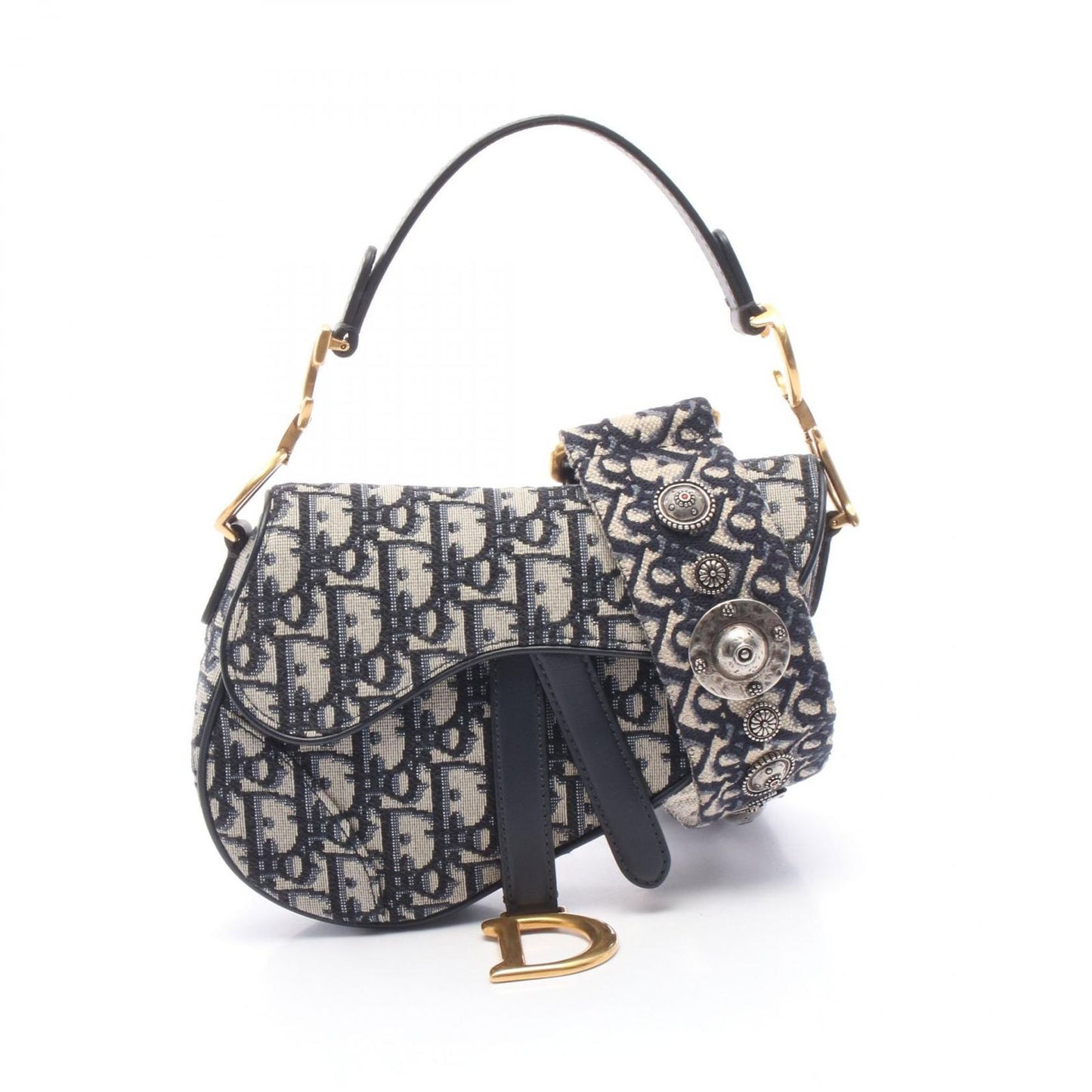 Dior Handbag Saddle Mini Oblique 2-Way Navy Canvas Leather Bag