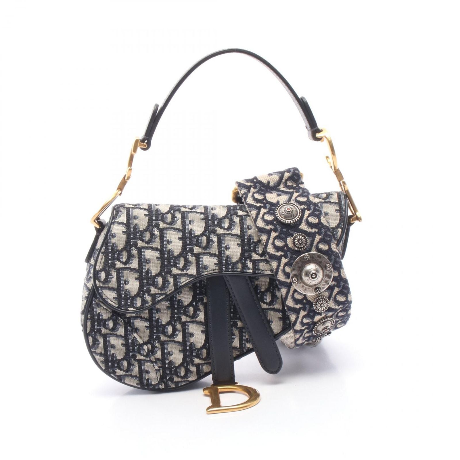 Dior Handbag Saddle Mini Oblique 2-Way Navy Canvas Leather Bag