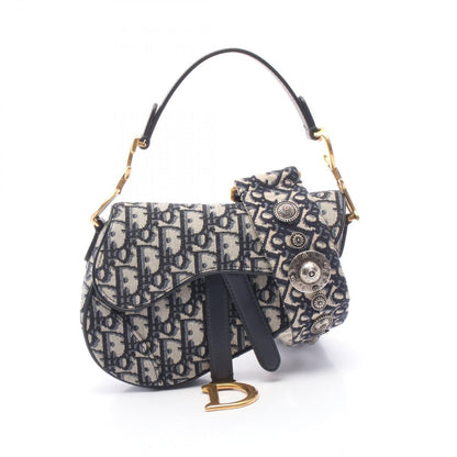 Dior Handbag Saddle Mini Oblique 2-Way Navy Canvas Leather Bag