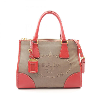 Prada Handbag Logo Jacquard 2-Way Beige Red Canvas Leather Tote