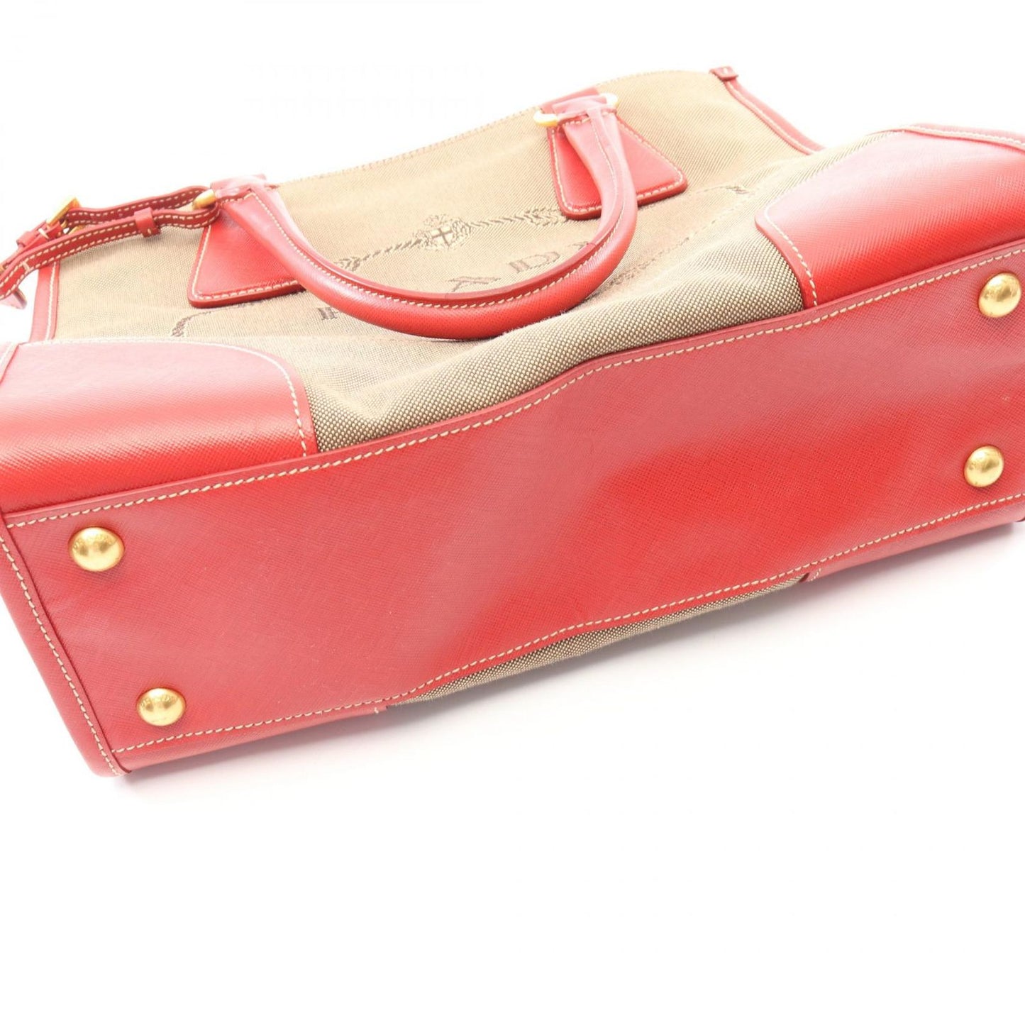 Prada Handbag Logo Jacquard 2-Way Beige Red Canvas Leather Tote — view 9