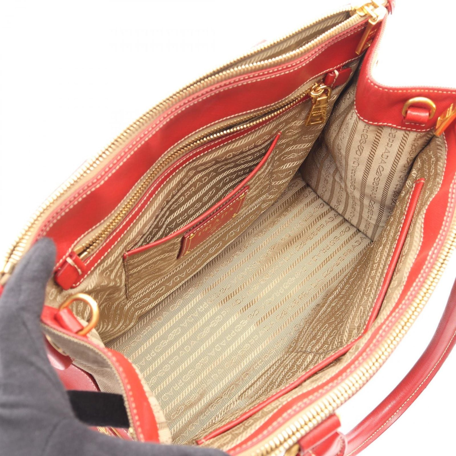 Prada Handbag Logo Jacquard 2-Way Beige Red Canvas Leather Tote — view 3