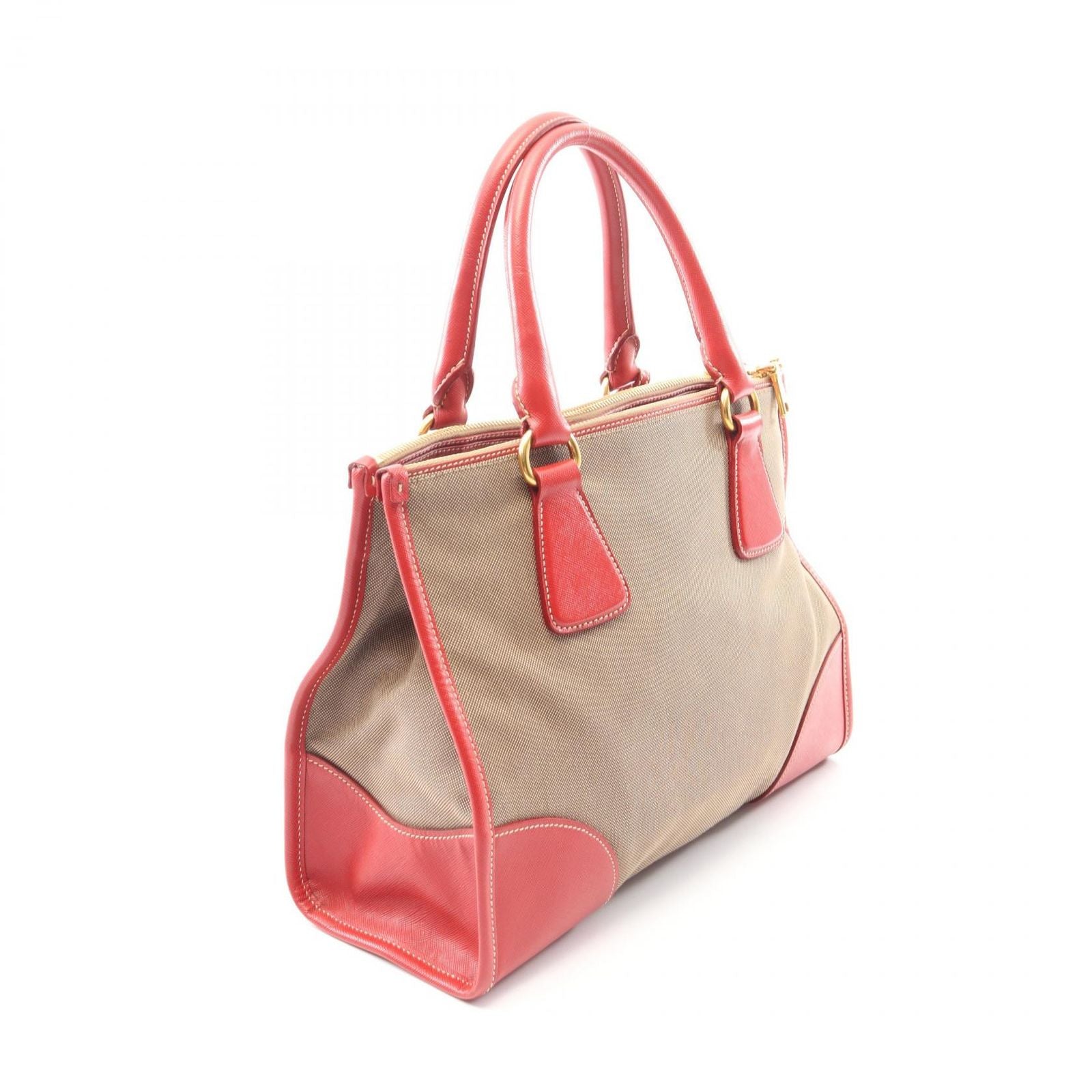Prada Handbag Logo Jacquard 2-Way Beige Red Canvas Leather Tote — view 2