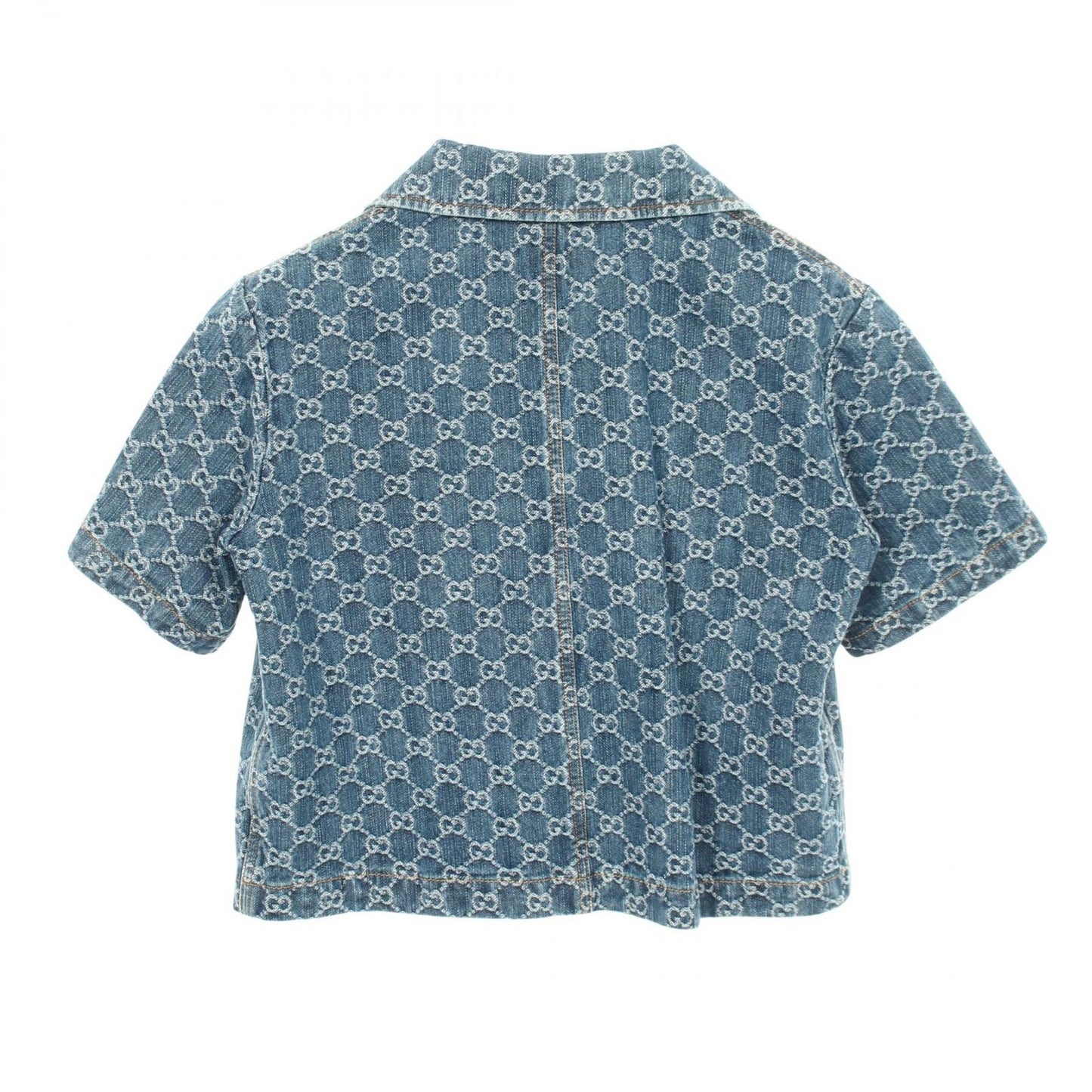 Gucci GG Jacquard Open Collar Short Sleeve Cotton Denim Shirt — view 2