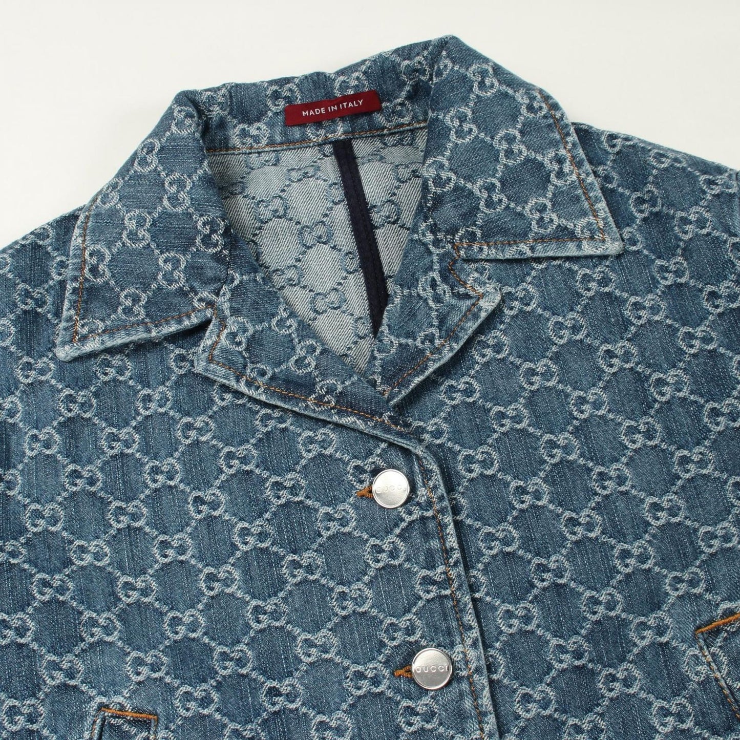 Gucci GG Jacquard Open Collar Short Sleeve Cotton Denim Shirt — view 6