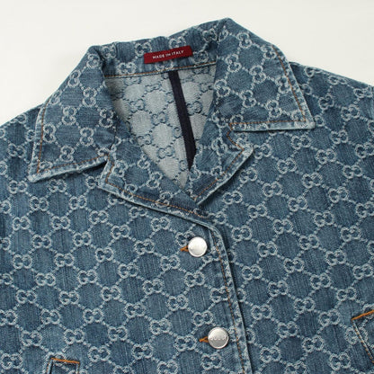Gucci GG Jacquard Open Collar Short Sleeve Cotton Denim Shirt — view 6