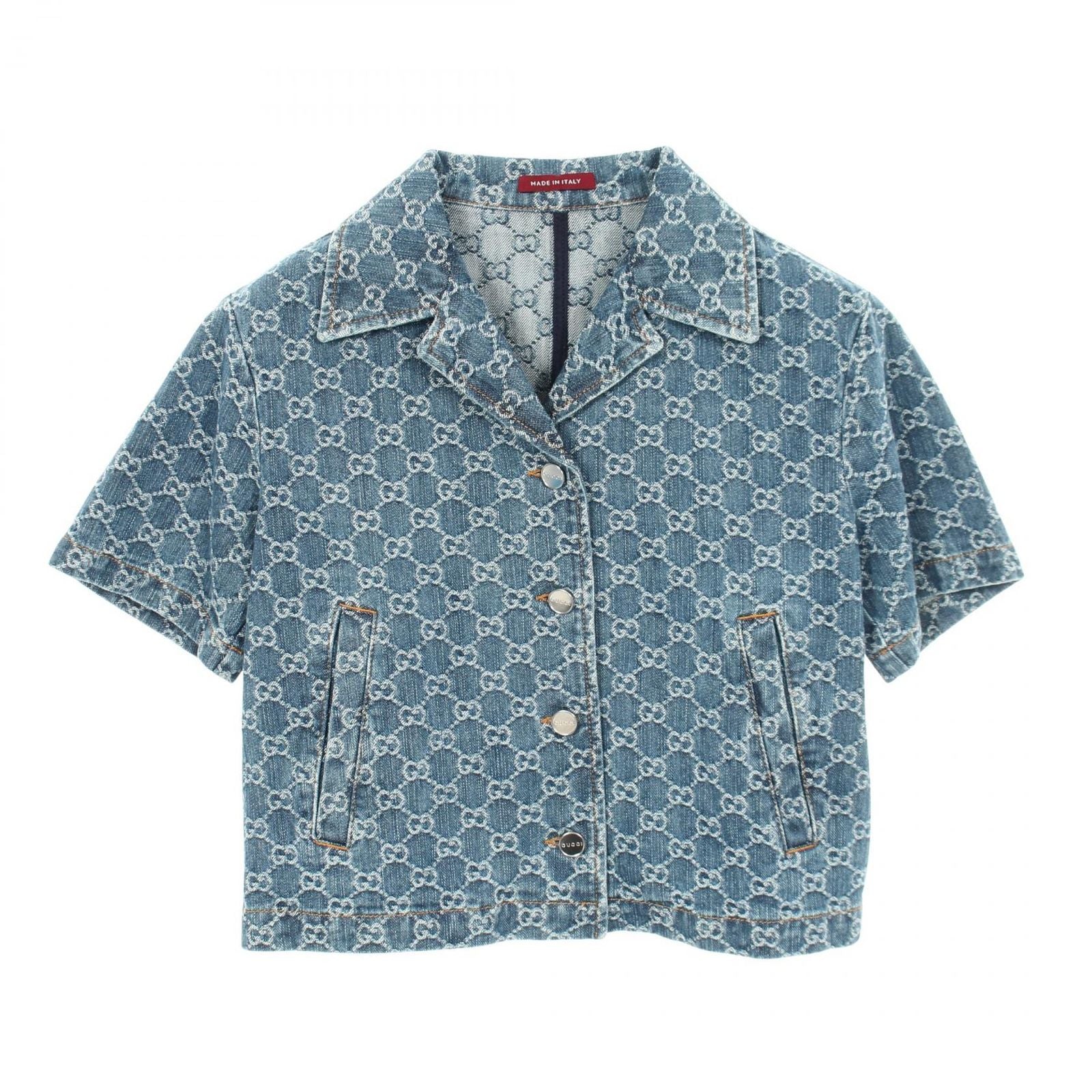 Gucci GG Jacquard Open Collar Short Sleeve Cotton Denim Shirt