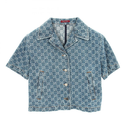 Gucci GG Jacquard Open Collar Short Sleeve Cotton Denim Shirt