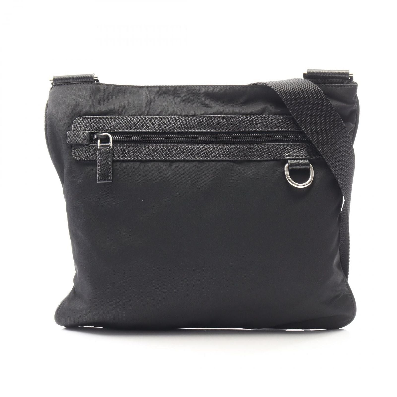 Prada Shoulder Bag Triangle Logo Black Nylon Saffiano Leather