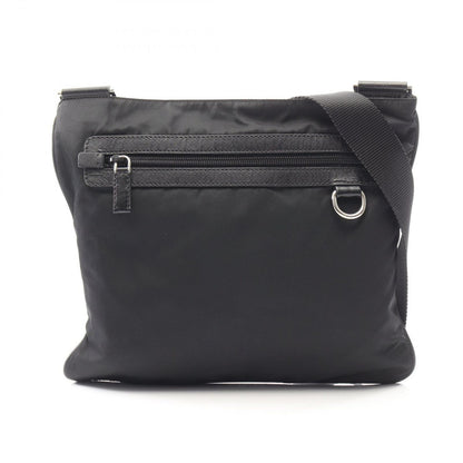 Prada Shoulder Bag Triangle Logo Black Nylon Saffiano Leather