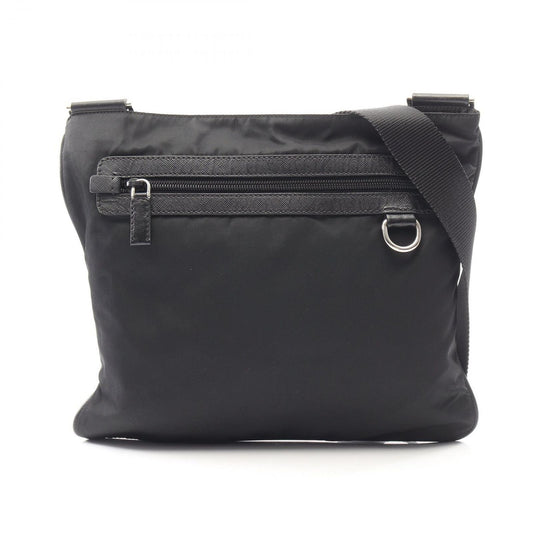 Prada Shoulder Bag Triangle Logo Black Nylon Saffiano Leather