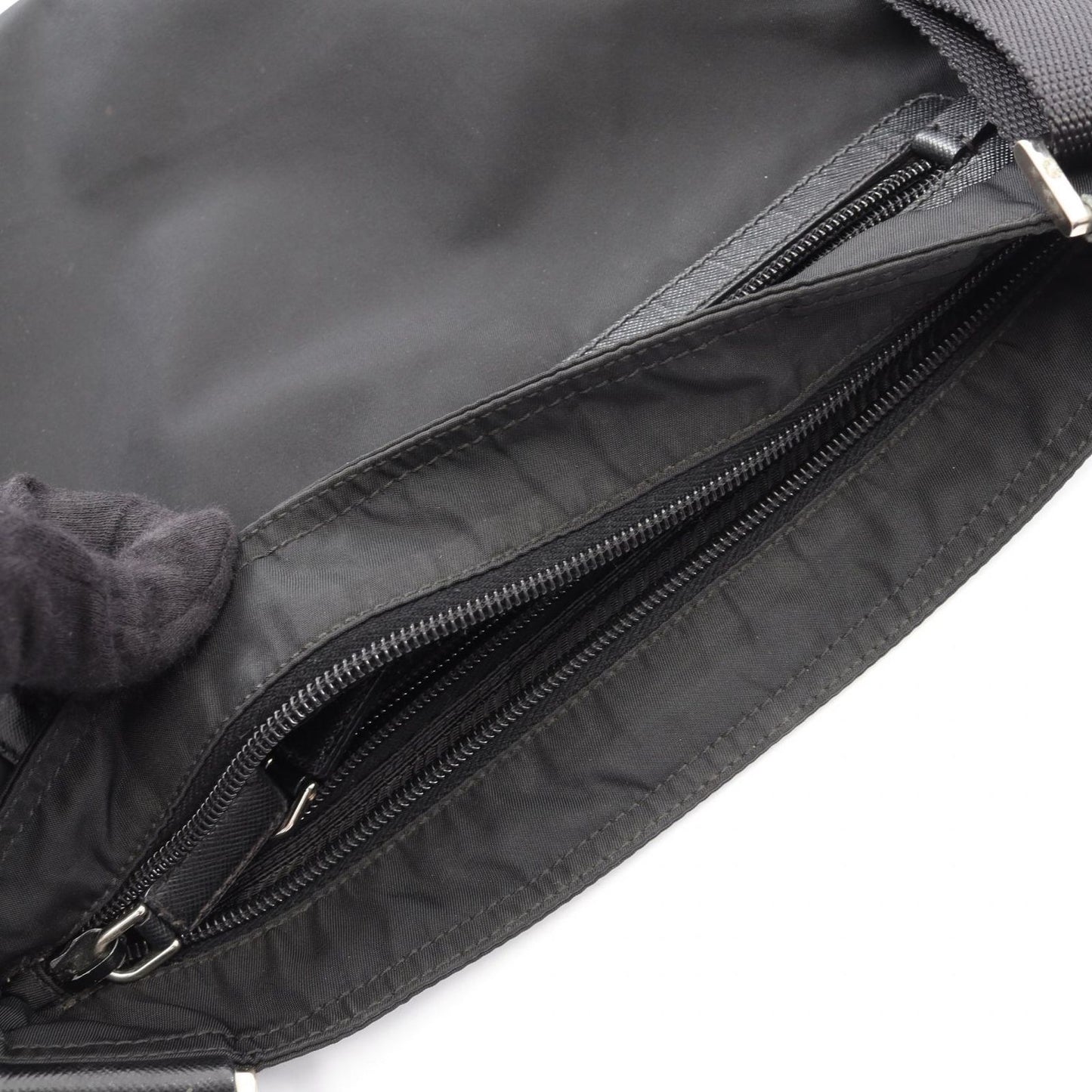 Prada Shoulder Bag Triangle Logo Black Nylon Saffiano Leather — view 8