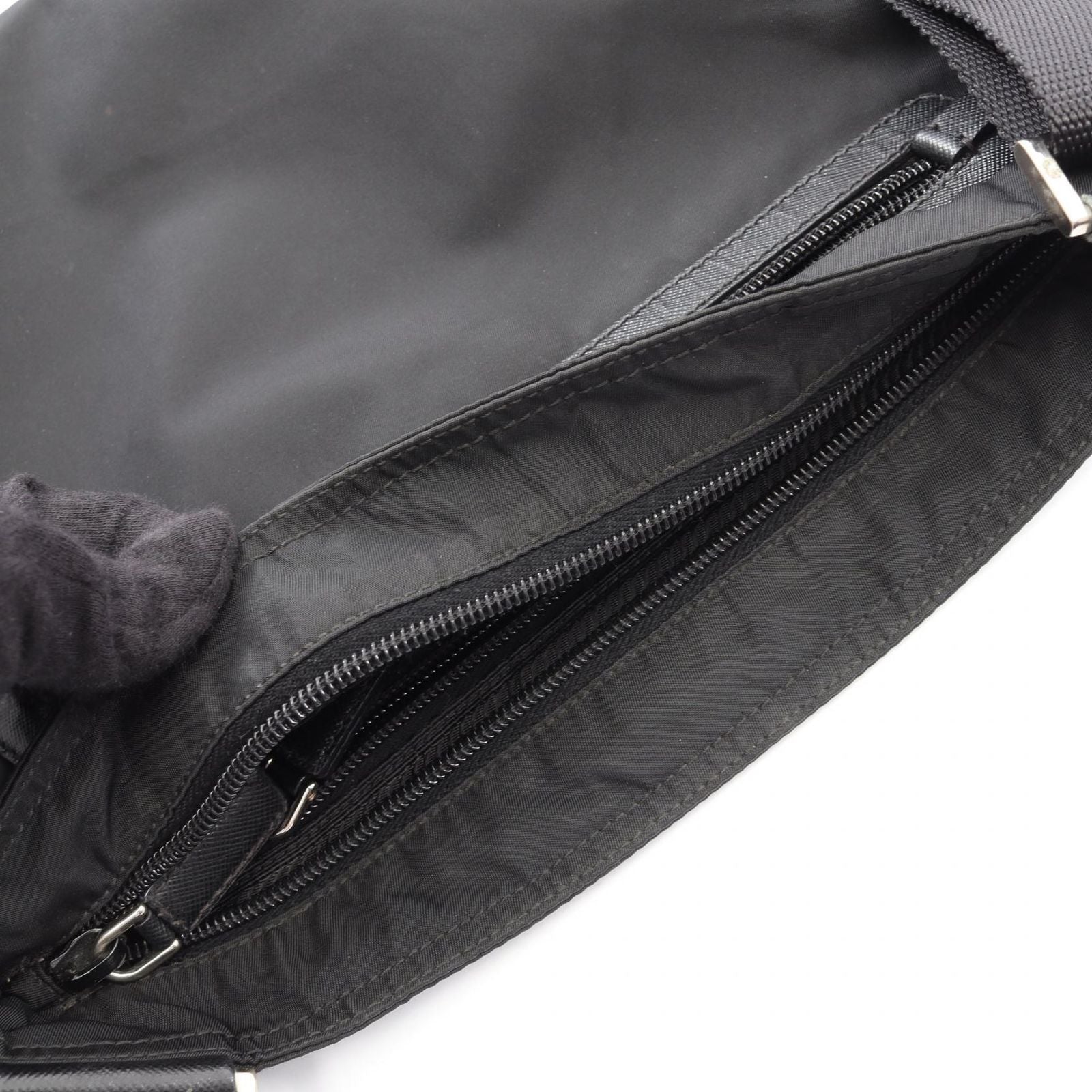 Prada Shoulder Bag Triangle Logo Black Nylon Saffiano Leather — view 8