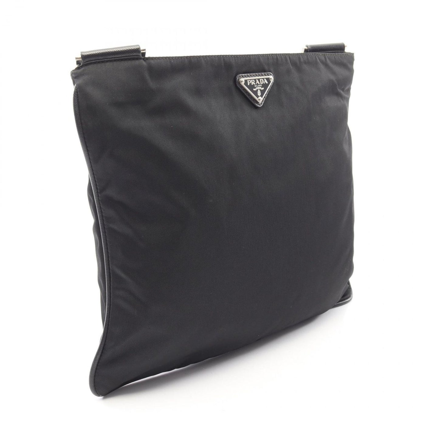 Prada Shoulder Bag Triangle Logo Black Nylon Saffiano Leather — view 2