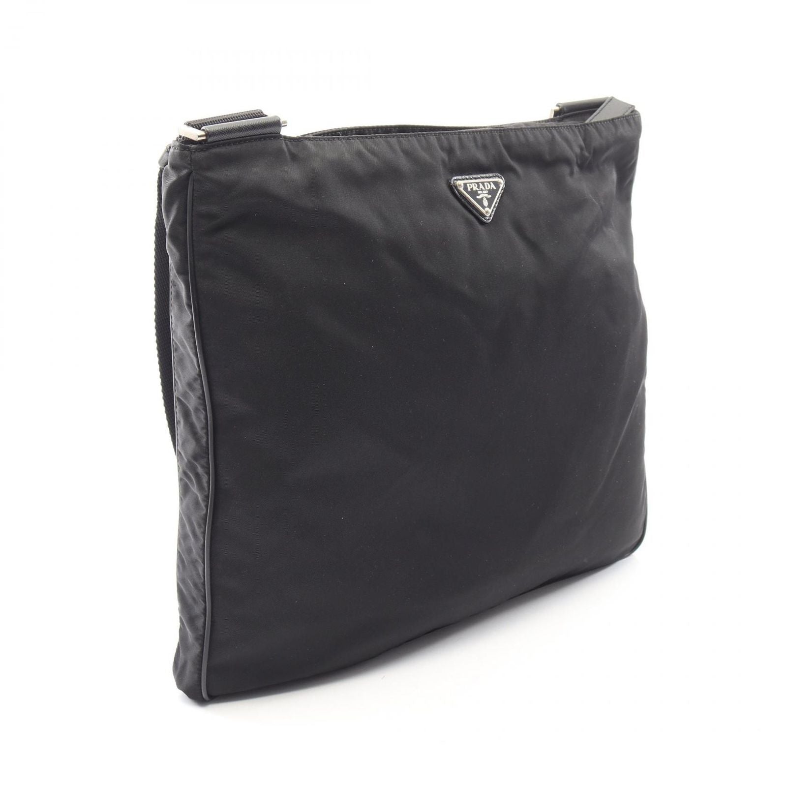 Prada Shoulder Bag Triangle Logo Black Nylon Saffiano Leather — view 2