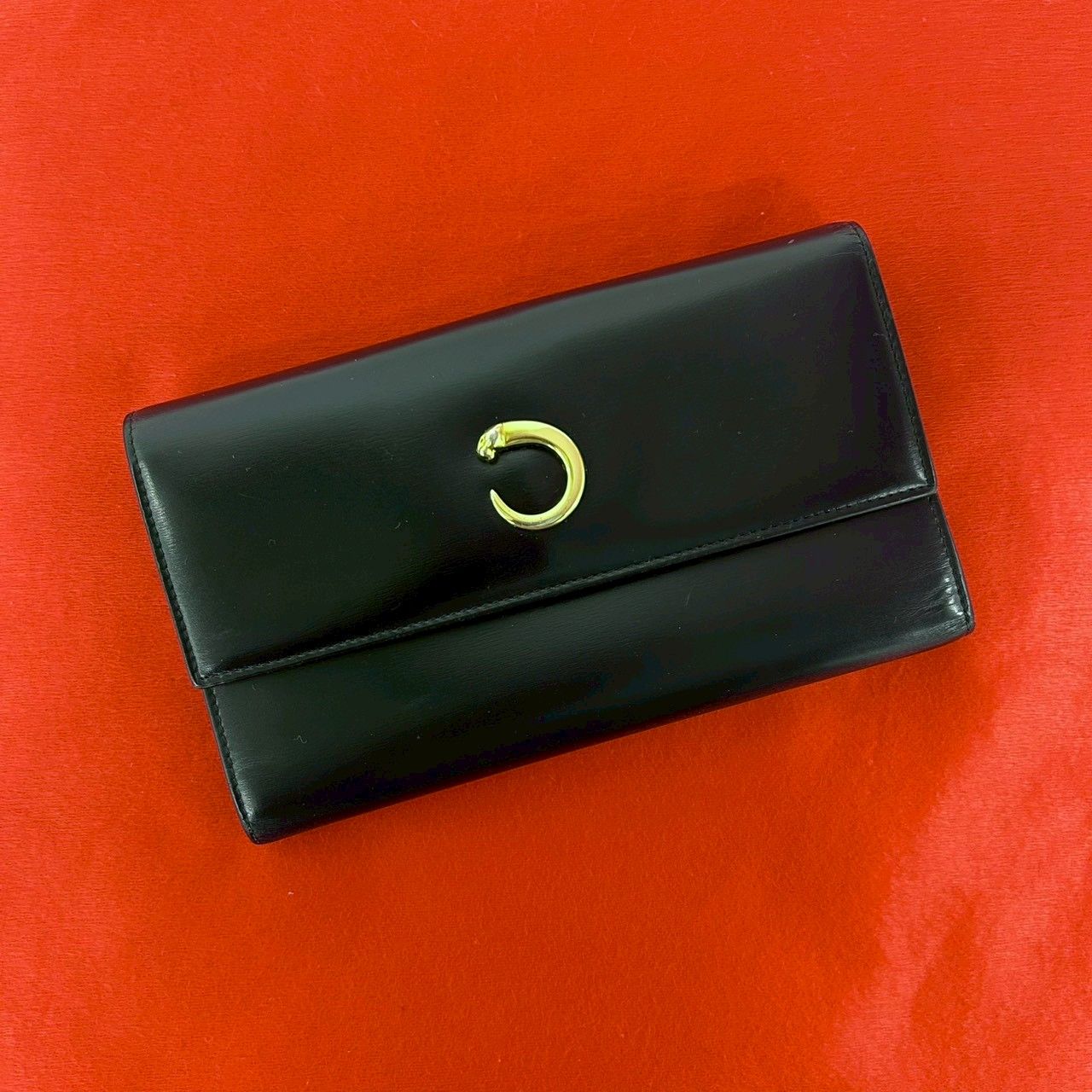 Cartier Panthère Calf Leather Trifold Wallet Billfold Coin Purse Black