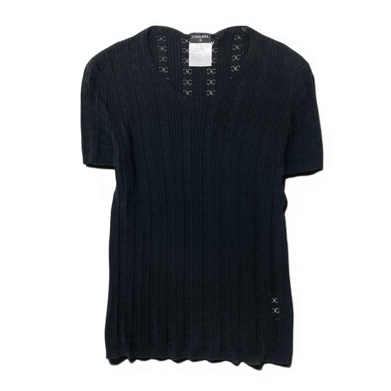 Chanel Ce8 CC Logo Jacquard Tight Knit Top 42 Black Cotton 100 Top Sweater — view 2