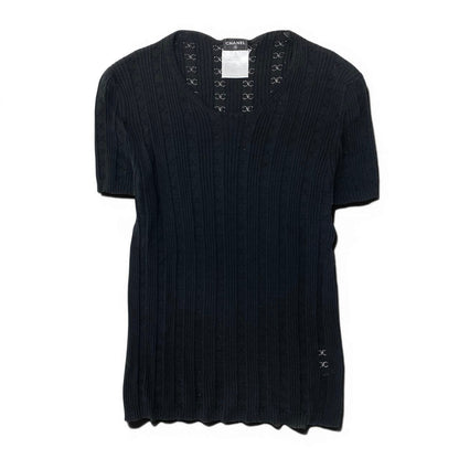 Chanel Ce8 CC Logo Jacquard Tight Knit Top 42 Black Cotton 100 Top Sweater — view 2