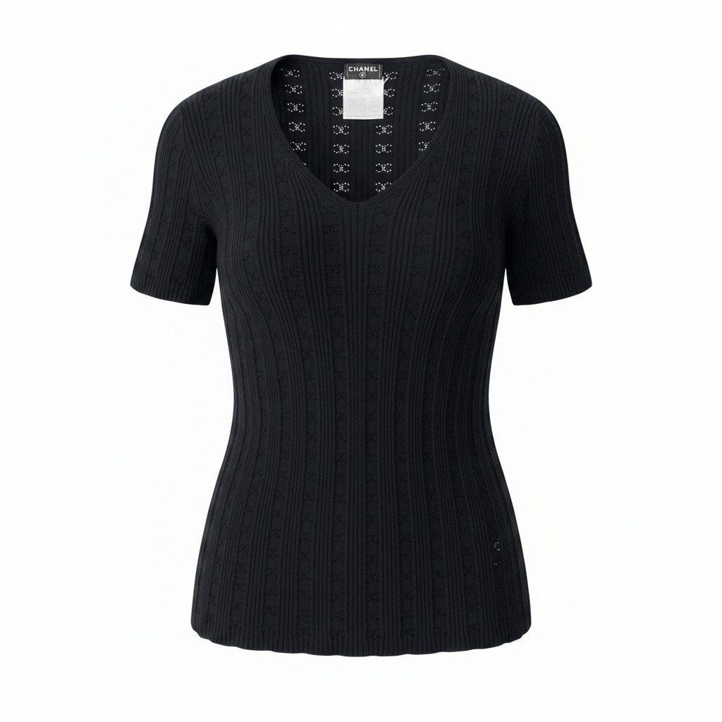 Chanel Ce8 CC Logo Jacquard Tight Knit Top 42 Black Cotton 100 Top Sweater
