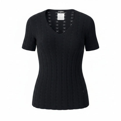 Chanel Ce8 CC Logo Jacquard Tight Knit Top 42 Black Cotton 100 Top Sweater