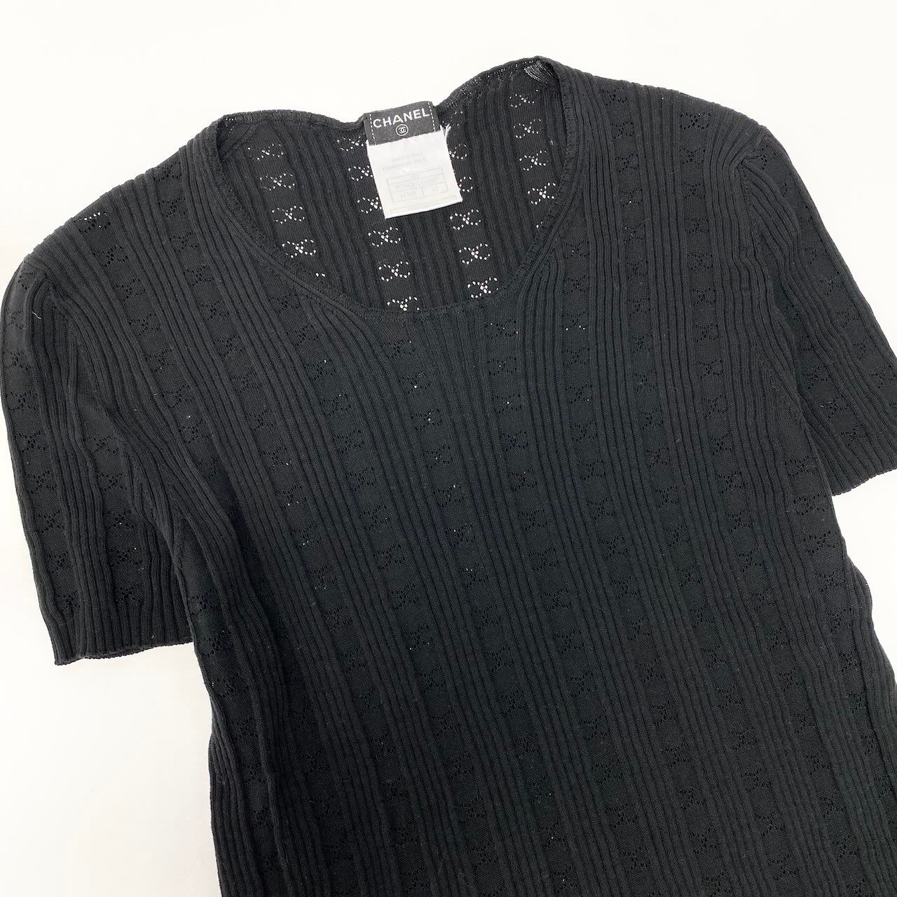 Chanel Ce8 CC Logo Jacquard Tight Knit Top 42 Black Cotton 100 Top Sweater — view 4