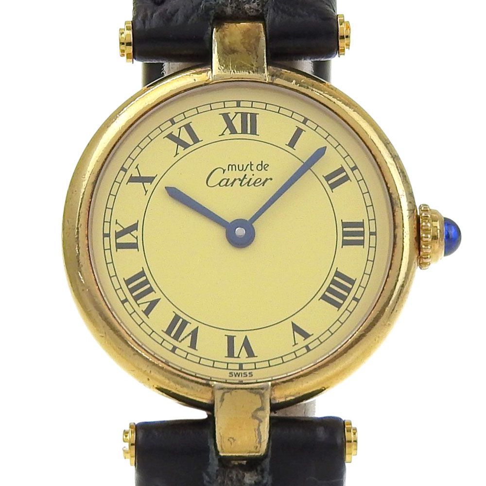 Cartier Must Vandom Vermeil 925 Sterling Silver Embossed Leather Gold Quartz