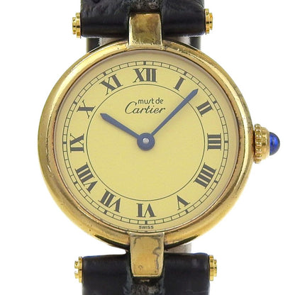 Cartier Must Vandom Vermeil 925 Sterling Silver Embossed Leather Gold Quartz