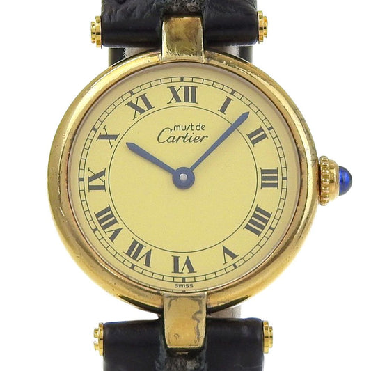 Cartier Must Vandom Vermeil 925 Sterling Silver Embossed Leather Gold Quartz