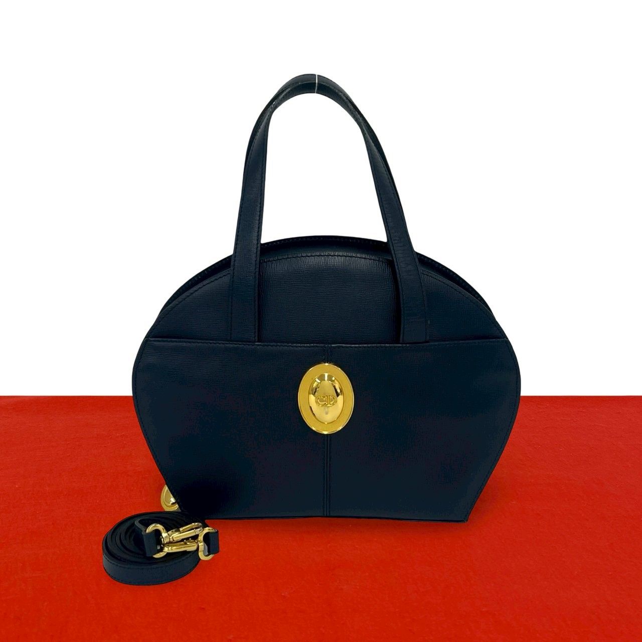 Dior Vintage CD Logo Leather 2-Way Shoulder Bag Navy