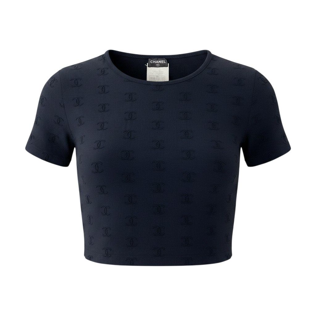 Chanel Ce8 Vintage CC Logo Cropped T Tight Top 42 Black