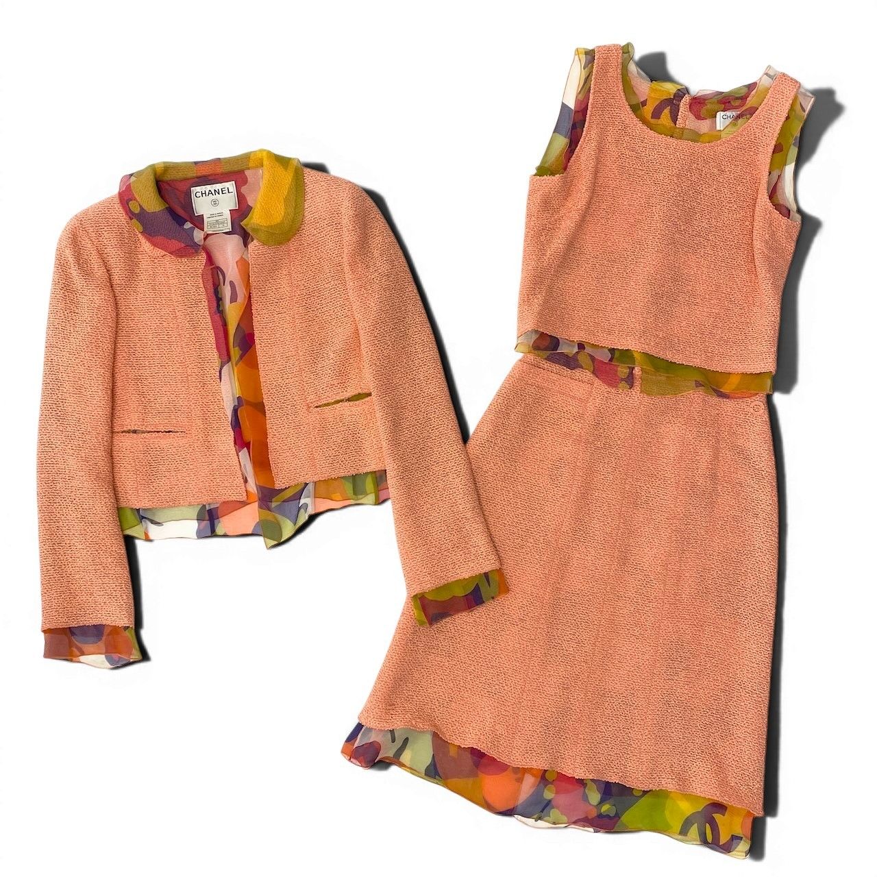 Chanel E8 Tweed Suit Jacket No Top Skirt 38 Orange Multicolor — view 3